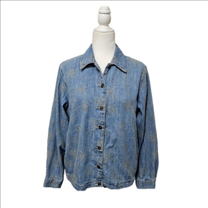 Jean Shacket Embroidered Floral Pattern Cotton Lightwash Blue Womens Small